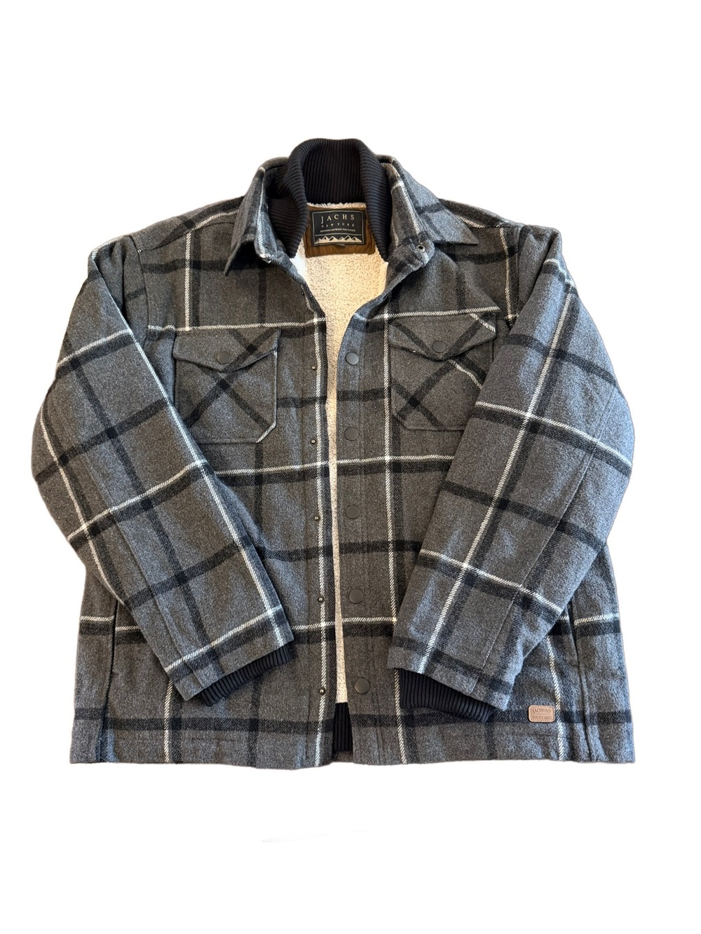 Jachs NY Plaid Sherpa Lined Wool Blend Shirt Jacket Shacket Charcoal Grey XL